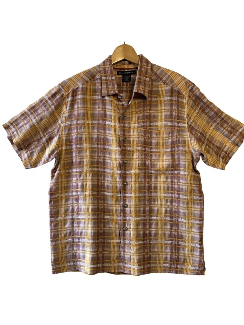 ExOfficio Mens Plaid Short Sleeve Button-Up Shirt M Linen Blend Brown/Yellow
